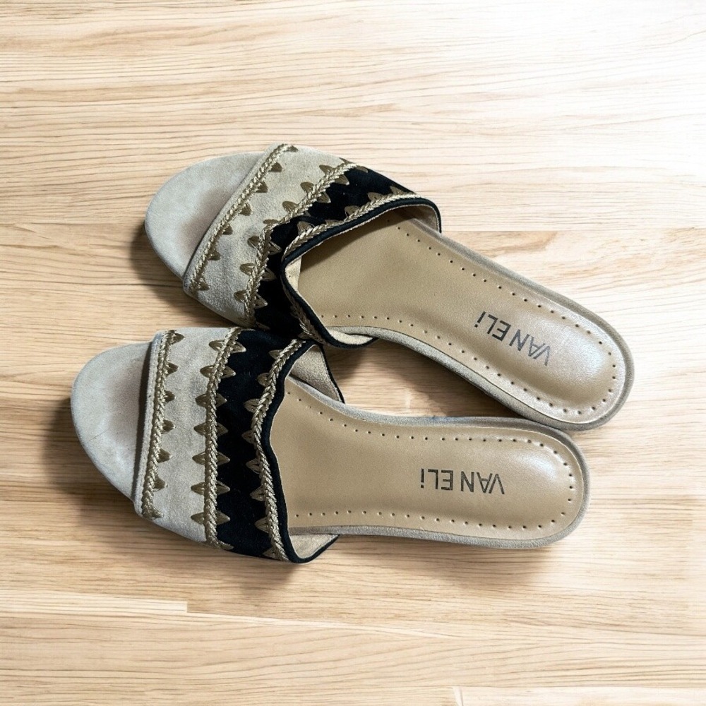 Van Eli Sandals 7.5 M Beige Black Embroidered Slip On Comfort Casual Shoes